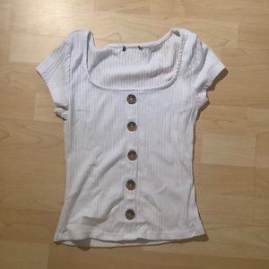 White Ribbed Button Down Short Sleeve Top